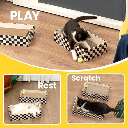 Cat Scratcher Box with 4 Scratching Pads&2 Separate Cardboard Boxes,2-in-1 Cardboard Cat Scratch for Multiple Kitten Interactive Play,Checkered(Ball & Fish Catnip Toy Included)