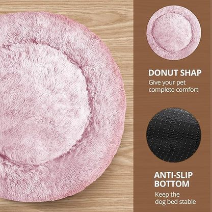 JOLLYVOGUE Calming Dog Beds Large Sized Dog, 36in Donut Washable Large Pet Bed, Anti-Slip & Anti-Anxiety Fluffy Faux Fur Round Dogs Bed, Fits up to 80 lbs Pets (Smoke Pink)