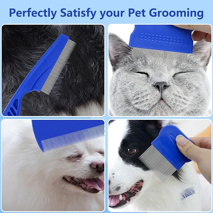 4-in-1 Pet Comb Set: Flea Lice Comb for Cats & Dogs, 4 Styles, All Hair Types, Blue