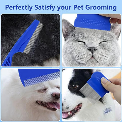 4-in-1 Pet Comb Set: Flea Lice Comb for Cats & Dogs, 4 Styles, All Hair Types, Blue