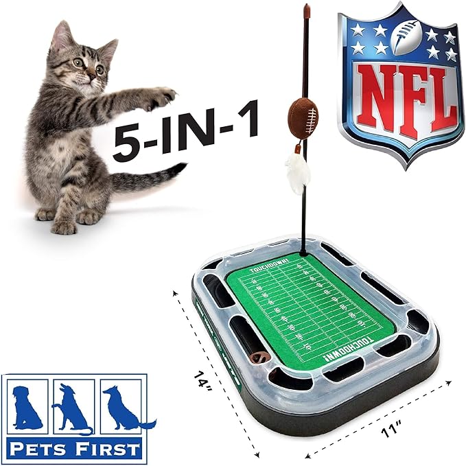 Cat Scratching Pets First NFL New York Jets Football Field CAT Scratcher Toy with Catnip Filled Plush Football Toy & Feather Cat Toy Hanging & Jingle Bell Interactive Ball Cat Chasing 5-in-1 Kitty Toy