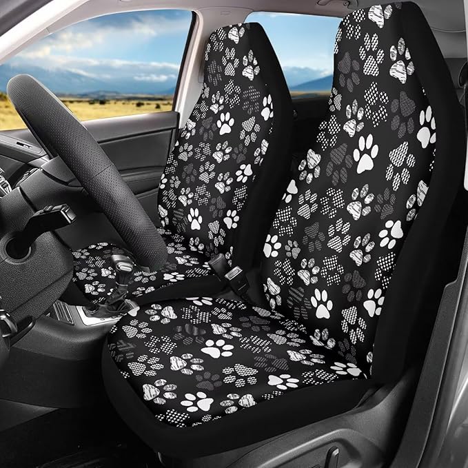 Car Seat Covers Waterproof Cute Dog Paw Print Car Seat Cover for Front Seats Set of 2 Easy Installation Universal Front Cars Seats Cover Fit for Cars, SUV and Trucks