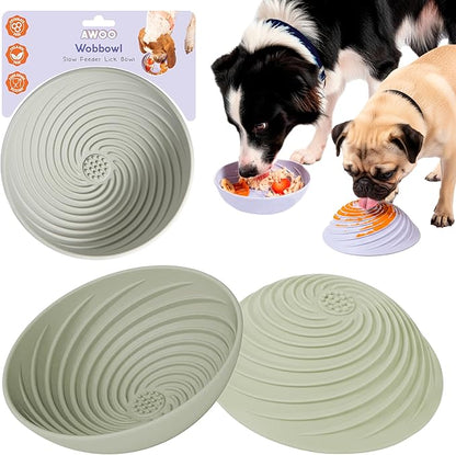 Awoo Wobbowl - Silicone Dog Lick Mat and Slow Feeder Bowl - Dishwasher Safe Pet Dish - Extends Mealtime for Fast Eaters & Reduces Anxiety - for Wet & Dry Food (Sage)