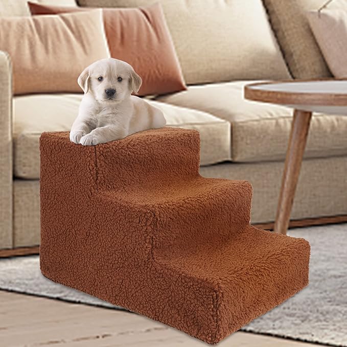 yofit Doggy Steps - Non-Slip 3 Steps Pet Stairs for Cats and Dogs, Foldable Plastic with Washable Carpet Holds Up to 50 lbs (Brown)