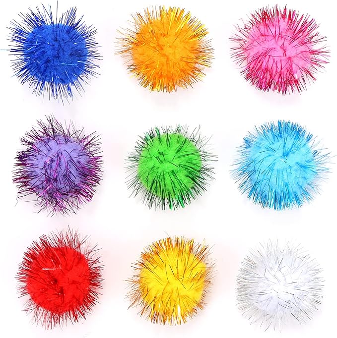 CABAX 1.8'' Assorted Color Sparkle Balls, Tinsel Pom Poms Puff Balls Glitter for Cat Kittens Toys DIY Christmas, 20 Pcs