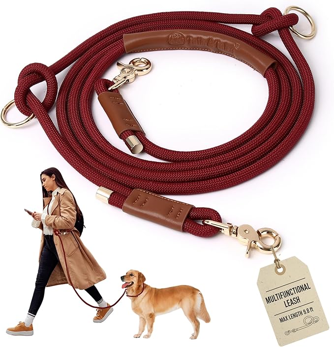 Tails & Tales Hands Free Dog Leash for Walking Running Training, Adjustable Lead Up to 9.8ft, Dogs Up to 125lbs, Crossbody, Dual Handle, Multifunctional, Double Attachment for 2 Dogs (Winery Red)