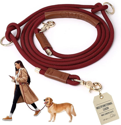 Tails & Tales Hands Free Dog Leash for Walking Running Training, Adjustable Lead Up to 9.8ft, Dogs Up to 125lbs, Crossbody, Dual Handle, Multifunctional, Double Attachment for 2 Dogs (Winery Red)