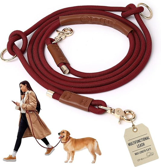 Tails & Tales Hands Free Dog Leash for Walking Running Training, Adjustable Lead Up to 9.8ft, Dogs Up to 125lbs, Crossbody, Dual Handle, Multifunctional, Double Attachment for 2 Dogs (Winery Red)