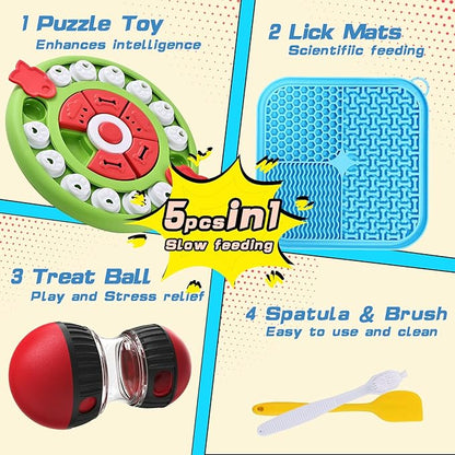 5 in 1 Dog Puzzle Toy Set for Slow Feeding and Puppy IQ Training, Stimulating Cognitive Anxiety Relief and Keeping Dog Busy, Pet Interactive Toy, Treat Dispensing Ball and Lick Mat for Flur