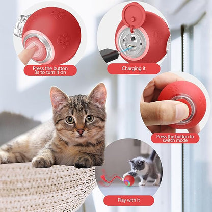 Quibron Interactive Cat Ball Toy with Flashing Lights & Bird Sounds - Multi-Surface Adaptive Roller, USB Rechargeable Motion-Activated Cat Teaser for Indoor Cats, Smart Enrichment Gift (Red)