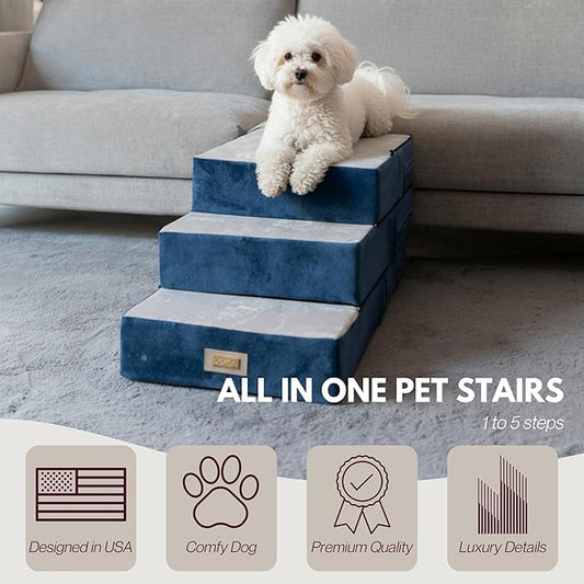 All-in-One Adjustable Dog Stairs – 5-Step Premium Pet Ramp for Small Dogs – Sturdy, Non-Slip & Versatile for Beds, Sofas & More - Soft Cover, Modern Design (Blue & Gray)