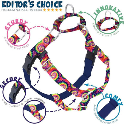 2 Hounds Design - Freedom No-Pull Harness & Training Leash in Tie-Dye | Dual Leash Loops, No Pulling on Walks | Lined to Prevent Chaffing | for Large Sized Dogs (Size M, Chest 24”- 28”)