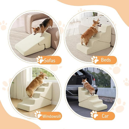 Dog Ramp for Bed, 23" H Dog Stairs for High Bed, 2 in 1 Pet Steps for Small Dogs, 5-Step Foldable Transformable Large Cats Ramp to Get on Couch, Non-Slip Balanced, Beige