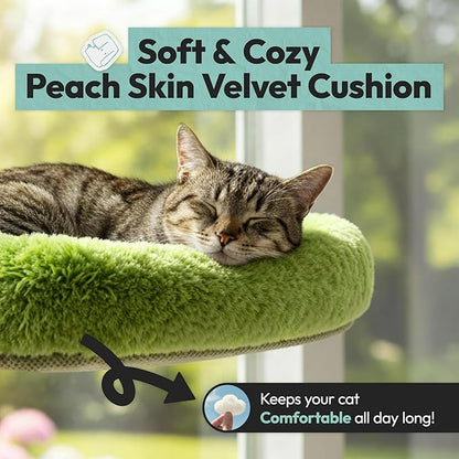 Cordless Cat Window Perch, Foldable Cat Window Hammock, 4 Strong Suction Cups, Solid Metal Frame, Patented Hook Design, Cushion Green, L