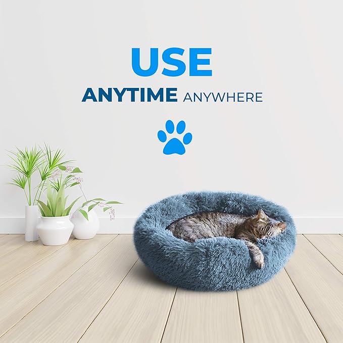 Whiskers & Friends Cat Bed, Cat Beds for Indoor Cats Washable, Orthopedic Soft Fluffy Round Calming Pet Bed for Small to Large Kitty Kittens & Small Dogs - Navy Grey-C - 23.00" x 23.00" x 7.00"