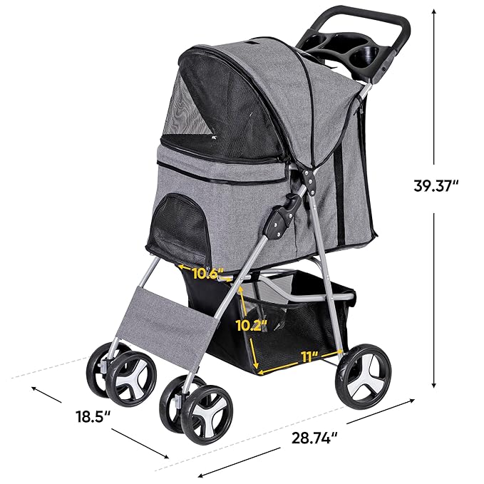 ZENY Foldable Pet Stroller, Cat/Dog Stroller with 4 Wheel, Pet Travel Carrier Strolling Cart with Storage Basket, Cup Holder (Grey)
