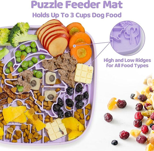 Puzzle Feeder Dog Lick Mat,Freezable Dog Enrichment Toys for Mental Stimulation and Anxiety Relief, Silicone Lick Mat for Dogs and Cats, Dog Slow Feeder that Supports All Types of Food, Purple