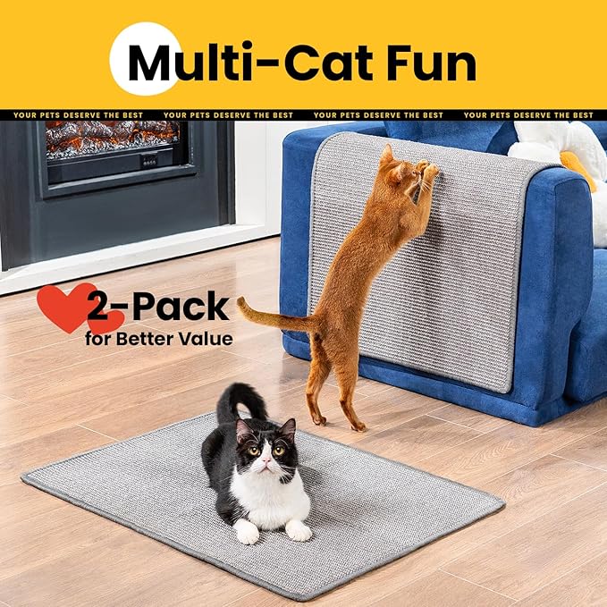 Cat Scratcher Mat,Natural Sisal Cat Scratch Pad with Hook&Loop Tape,Horizontal Floor Kitty Scratching Pads Rug for Indoor, Furniture Protector for Couch&Carpets&Sofas, Large, Grey, 2 Pack