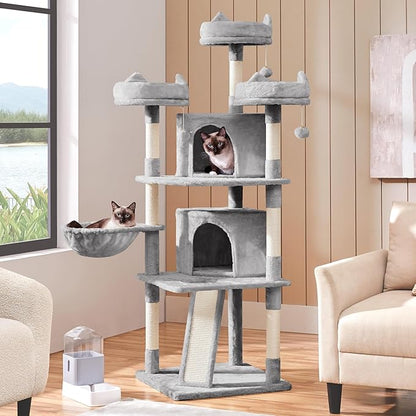 Yaheetech | 68.5in Cat Tree | for Large Cats | Multi-Level Cat Tower with 3 Wide Perches, Large Condo | Stable Pet Play House w/Sisal-Covered Scratching Posts & Board | Light Gray