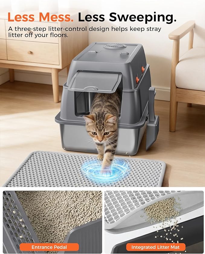GTPLAYER XXL Stainless Steel Cat Litter Box with Lid, High Sided Enclosed Covered Litterbox, Activated Carbon Odor Control, Extra Large Metal Cat Box, Non-Stick, with Mat & Scoop, Grey