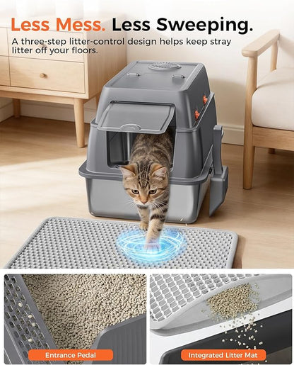 GTPLAYER XXL Stainless Steel Cat Litter Box with Lid, High Sided Enclosed Covered Litterbox, Activated Carbon Odor Control, Extra Large Metal Cat Box, Non-Stick, with Mat & Scoop, Grey
