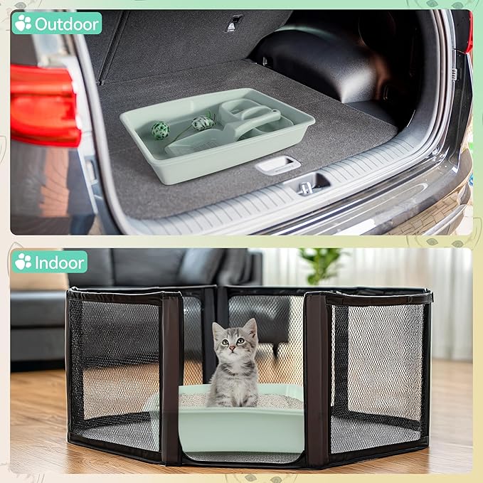 PAWISE Cat Litter Box Set, Small Kitten Starter Kit, Includes Litter Box, Litter Scoop, Double Dish Feeding Bowl, Cat Mouse Toy, Kitty Ball Toy, Green