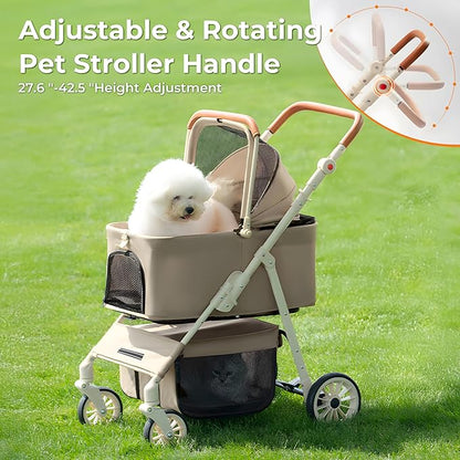 Dog Cat Stroller for Small/Medium Pets up to 55 Lbs, 3-in-1 Foldable Pet Stroller with Detachable Carrier, 4 Wheels, Adjustable Height, Single Foot Brake, Pet Strollers for Travel Outdoor (Khaki