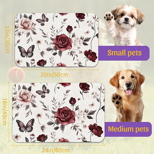 Vintage Flower Butterfly Dog Cat Food Mat, Absorbent Feeding Placemat, Waterproof Non-Skid Bottom – 12x20 Inch