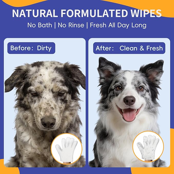 Pet Glove Wipes for Dogs Cats, Grooming Deodorizing Puppy Face Paws Fur and Butt Gloves Wipe, Unscented Extra Thick Travel Cleaning Care Hypoallergenic No Rinse Disposable Bathing Dog Wipes, 24 Pcs