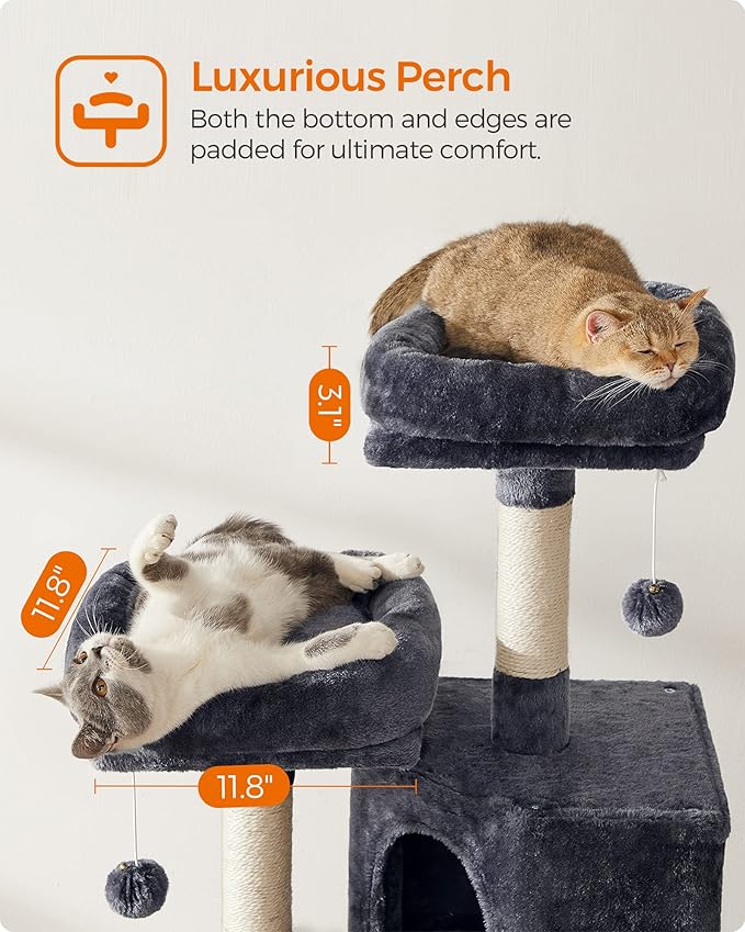 Feandrea Cat Tree, 45.3-Inch Cat Tower, Plush Condo with Scratching Post, Ramp, Perch, Spacious Cave, for Small Space, Smoky Gray UPCT141G01