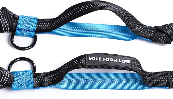 Mile High Life Hands Free Waist Leash for Dog Running Training and Jogging, Adjustable Belt with Double Handle, Reflective Bungee for Medium Large Dogs (Blue, 7FT)