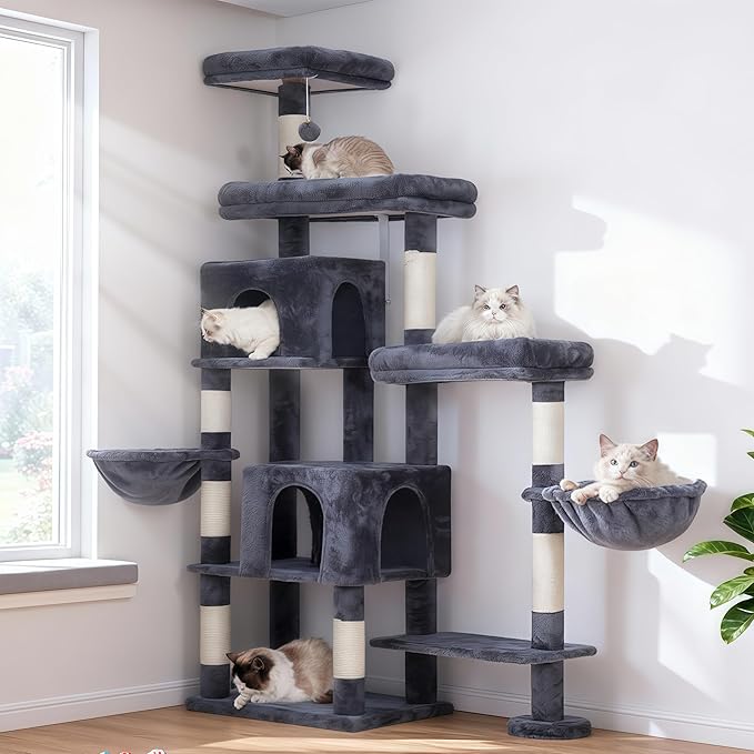 Hey-brother Cat Tree Tower, Scratching Posts with a Extended Part, Wide Platforms, Cozy Condos, Hammocks, Sisal Columns and Ball for Indoor Cats, 70.1 Inches, Smoky Gray MPJ038G