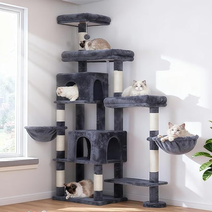 Hey-brother Cat Tree Tower, Scratching Posts with a Extended Part, Wide Platforms, Cozy Condos, Hammocks, Sisal Columns and Ball for Indoor Cats, 70.1 Inches, Smoky Gray MPJ038G