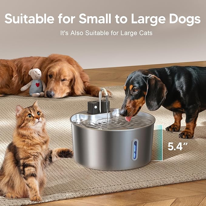 Voluas Dog Water Fountain: 1.8Gal/7L Wireless Stainless Steel Dog Fountain Bowl for Small to Large Dogs, Battery Operated Pet Water Dispenser Indoor with Ultra-Quiet Pump, Easy Clean, 6 Filter