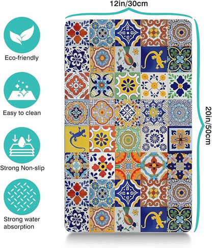 Moroccan Trellis Dog Food & Water Mat, Mexican Talavera Boho Colorful Pet Feeding Mat for Floor Non-Slip Waterproof, Super Absorbent Cat Bowl Mat, Easy to Clean Durable Pet Placemat,12" × 20"