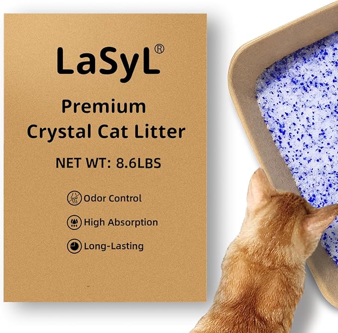 LaSyL Crystal Cat Litter for Multi-Cat Households - 8.6 lb Silica Gel, 30-Day Odor Control, 99.9% Dust-Free Non-Clumping Low Tracking Lightweight Unscented Formula (2 Bags x 4.3lb)