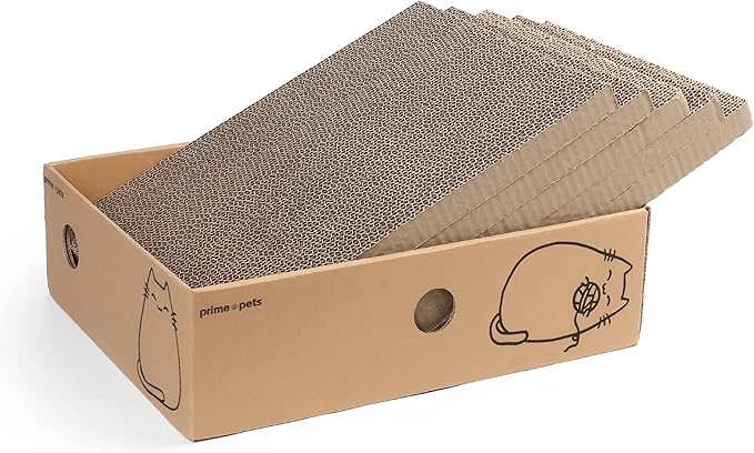 PrimePets Cat Scratcher, Wide Cat Scratch Pad with Box, 5 Pack, XL Reversible Scratcher Cardboard for Indoor Cats, 17x13x5'' Kitty Bed Scratching Board with Catnip, Convenient Replacement Hole Design