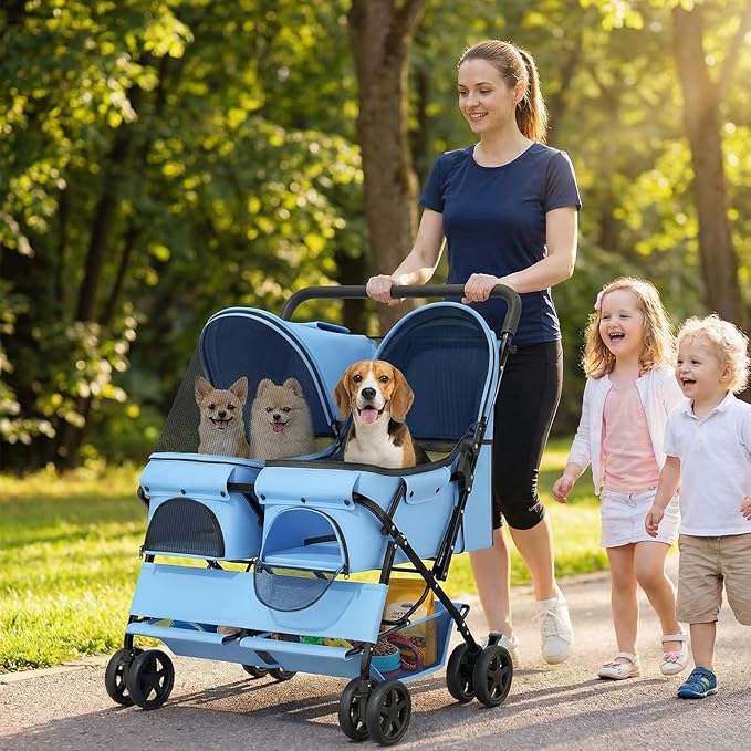 Magshion Side by Side Double Dog Stroller for 2 Small Dogs, Foldable Twin Pet Stroller with Breathable Mesh, Storage Basket, Swivel Wheels for Outdoor Walks & Daily Use, Blue