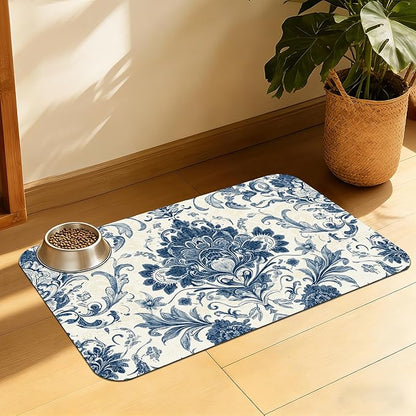 Vintage Floral Paisley Pet Feeding Mat, Absorbent Dog Cat Bowl Pad, Quick Dry, No Stains, Non-Slip Backing – 16x24 Inch