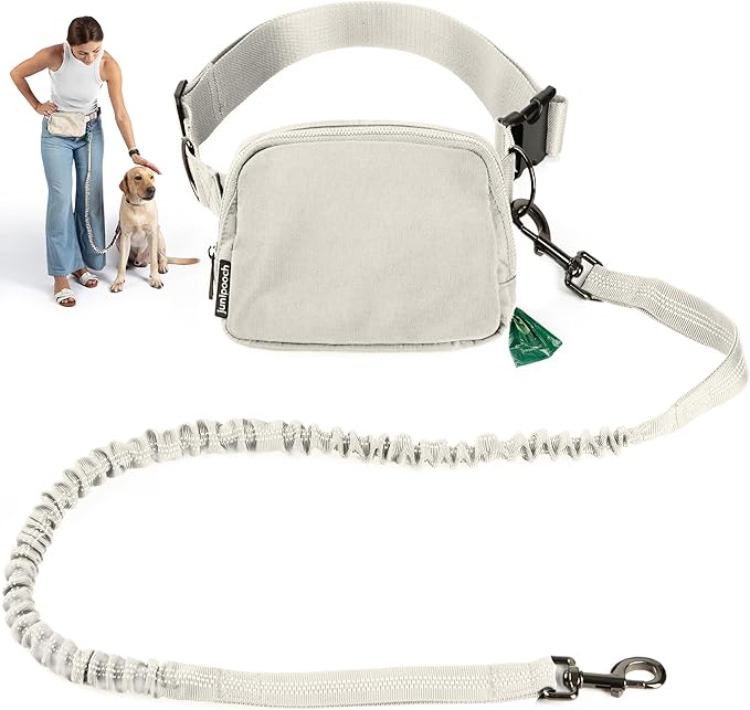 Hands Free Dog Leash with Dog Treat Pouch - Stylish & Trendy Waist Leash for Dog Walking - Wear Around the Waist or Crossbody - Durable & Detachable - Shock Absorbing - Waste Bag Dispenser