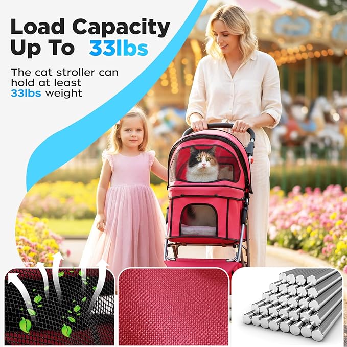 BestOffice Pet Stroller for Small Medium Dogs & Cats, 3-Wheel Foldable Dog Stroller with Cup Holder, Lightweight Travel Carrier, Waterproof Design for Outdoor Walks, Red