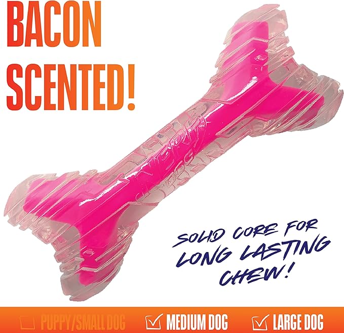 Nerf Dog 9in TPR/PP Scented Bacon SuperScent Bone Solid Core -Clear/Pink, (NF-7132)