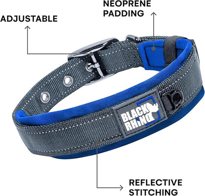 Black Rhino Reflective Dog Collar - Heavy Duty Adjustable Comfort Collar with Ultra Soft Neoprene Padding for All Breeds - Weatherproof, Lightweight Dog Collars for Large Dogs (Large, Blue/Grey)