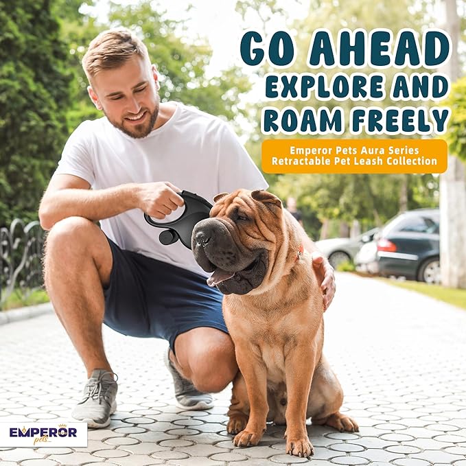 Emperor Pets 16 ft Retractable Dog Leash Black - Heavy Duty Retractable Pet Leash with Anti-Slip Grip for Medium to Large Dogs up to 110 lbs -Aura BB16