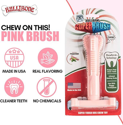 Bullibone SuperBrush Dog Dental Chew Toy for Large Breeds (3 Pack) - Pink Peppermint