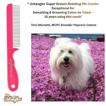 Super-Groom Combs with Smooth Rotating Teeth for Painless Mat Removal (French Rose Pink, 30 Fine-spaced Teeth)