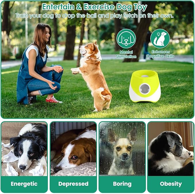 Moclever Automatic Dog Ball Launcher,Indoor/Outdoor Interactive Ball Thrower Fetch Machine for Small Medium Dogs Included 6 Tennis Balls Dog with 3 Adjustable Launch Distance