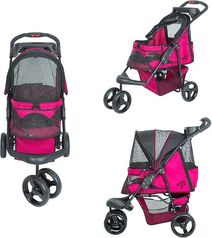 Petique Durable Pet Stroller, Easy Fold, Quality mesh Windows, Large Storage Basket, Secure Cup Holder Tray, for Small to Medium Dog, Cat, Bunny, Supports Pets up to 55LBS - RAZZBERRY