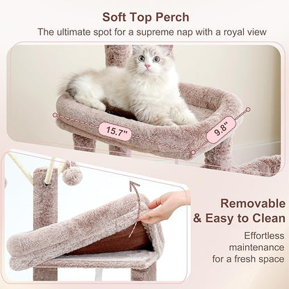 Heybly Cat Tree, 45.3-Inch Cat Tower for Indoor Cats with Large Perch, All-in-One Cat Furniture with Cozy Bed, Hidden Space Cat Condo, Comfy Hammock, Scratching Posts & 3 Pompoms, Muchroom HCT202SMU