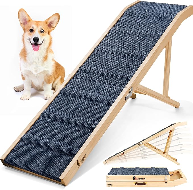 2026 Upgraded Dog Ramp for Bed, 63" Long Foldable Pet Ramp for Small Large Dogs, Dog Ramps for High Beds Car, High Traction with Platform 6 Adjustable Heights 24" to 30" Up to 220LBS, Wood